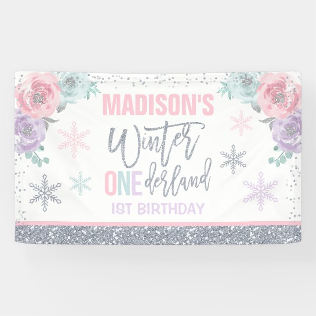 Banderoles Hiver ONEderland rose 1er anniversaire Décorations (Horizontal)