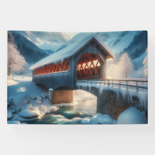Banderoles Hiver, pont enneigé et rivière