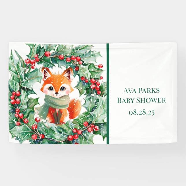 Banderoles Hiver Red Fox Green Berries Baby shower Bienvenue (Horizontal)