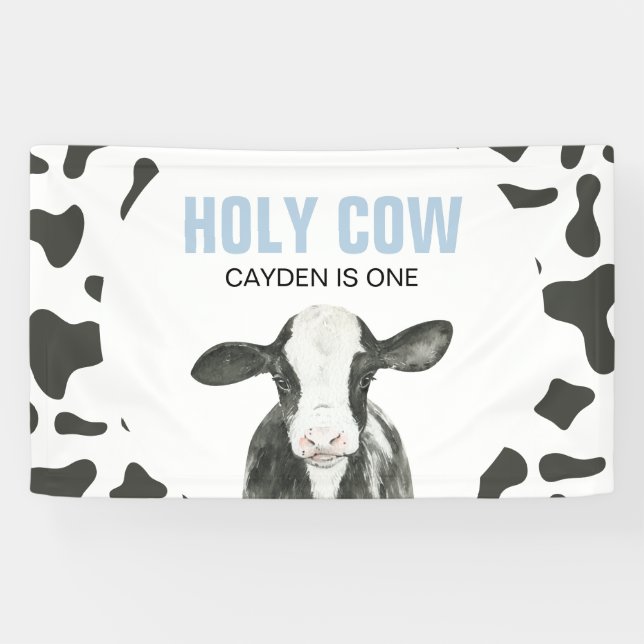 Banderoles Holy Cow I'm One Cow Print Birthday Banner (Horizontal)