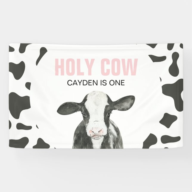 Banderoles Holy Cow I'm One Cow Print Birthday Banner (Horizontal)