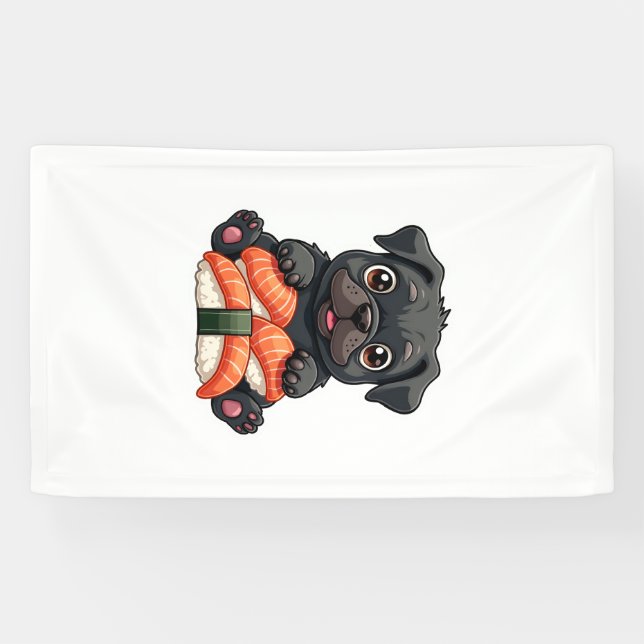 Banderoles Illustration vectorielle de sushi de pug noir mign (Horizontal)