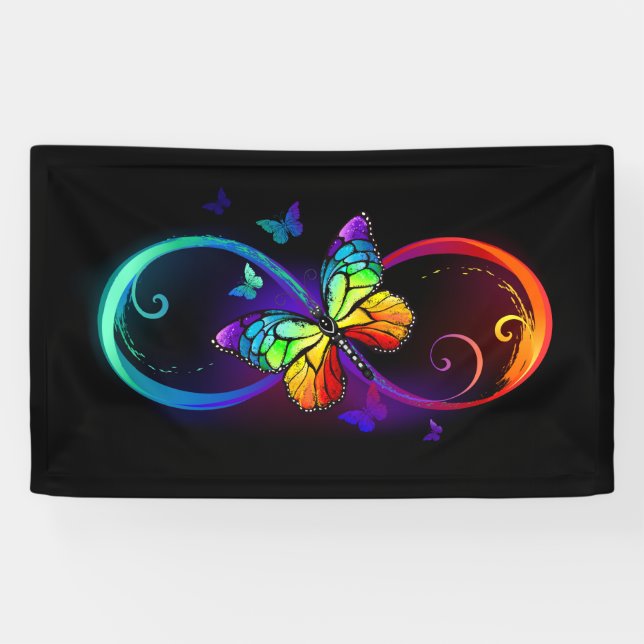 Banderoles Infini vibrant avec papillon arc-en-ciel sur noir (Horizontal)