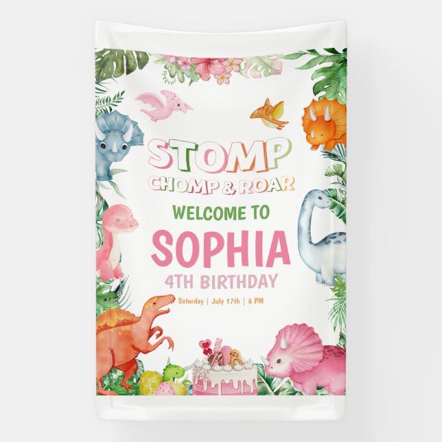Banderoles Invitation d'anniversaire fille dinosaure rose din (Verticale)