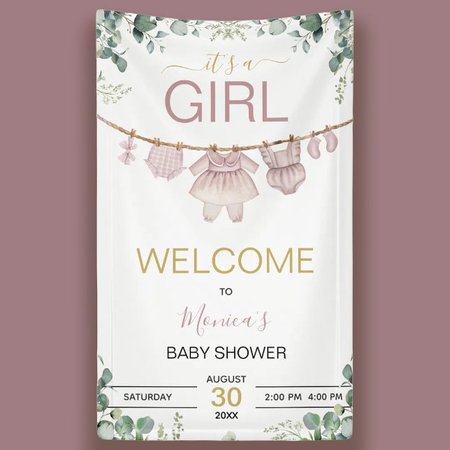 Banderoles It's A Girl Pink Watercolor Baby Shower Welcome (It's A Girl Pink Watercolor Baby Shower Welcome Banner)