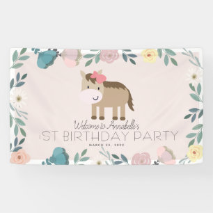 Banderoles Jardin rose Floral Cheval Fille Anniversaire Bienv