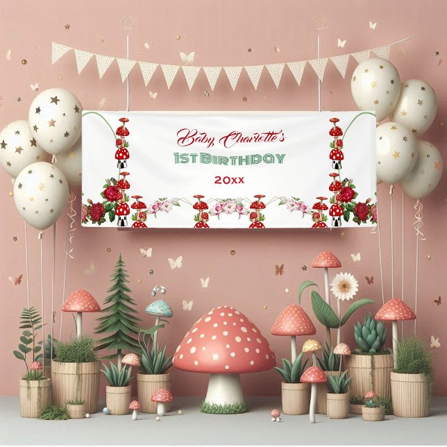 Banderoles Jardin Toadstool Rustique Roses Baby's 1er anniver (Garden Toadstool Rustic Roses Baby's 1st Birthday Banner)
