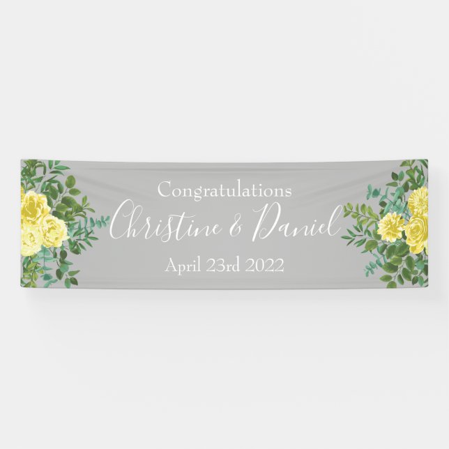 Banderoles Jaune clair et gris pivoine et Rose Mariage floral (Horizontal)