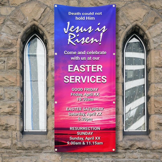 Banderoles JÉSUS EST UN SERVICE D'ÉGLISE Pâques PERSONNALISÉ (Vibrant JESUS IS RISEN Easter banner for church services. Fully customizable. Matching invites.)