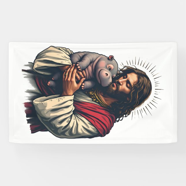 Banderoles Jésus tenant un bébé Moo Deng Hippo (Horizontal)