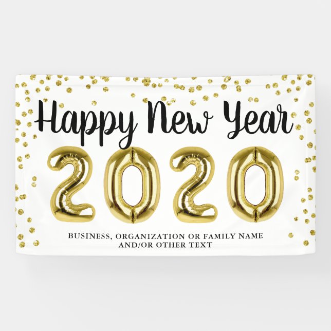 Banderoles JEUX NEW YEAR Gold Confetti Brush Script Blanc (Horizontal)