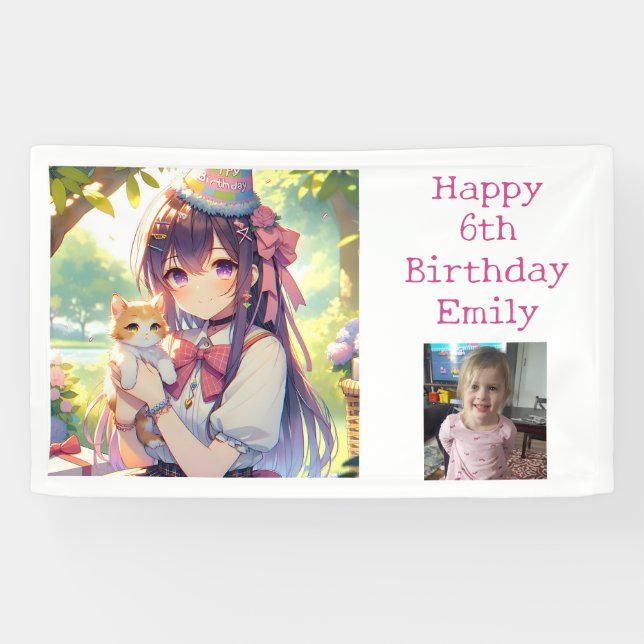 Banderoles Joli Anime Holding Kitten Girl'Anniversaire (Horizontal)