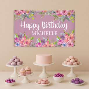 Banderoles Joli Anniversaire Nom Fleur Rose Violet