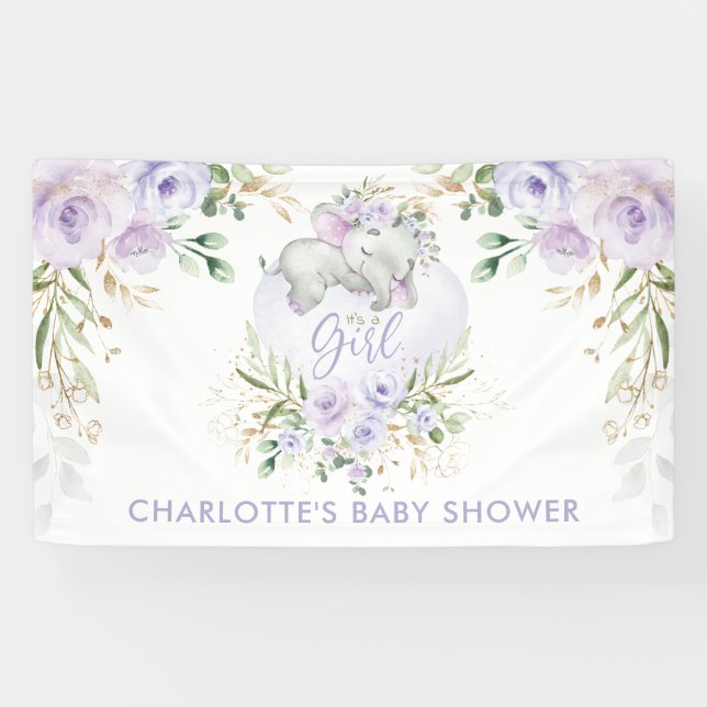 Banderoles Joli Baby shower d'éléphant Floral Lilac en or vio (Horizontal)