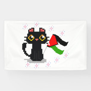 Banderoles joli chat noir tenant le drapeau de la Palestine