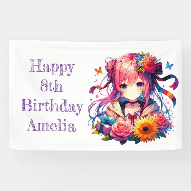 Banderoles Joli Rainbow Anime Girl Personnalisé Anniversaire (Horizontal)