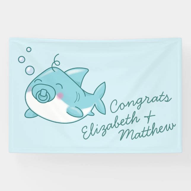 Banderoles Joli requin Baby shower Kawaii Blue Boy (Horizontal)
