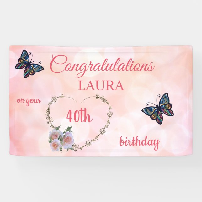 Banderoles Joli rose joyeux 40e anniversaire (Horizontal)