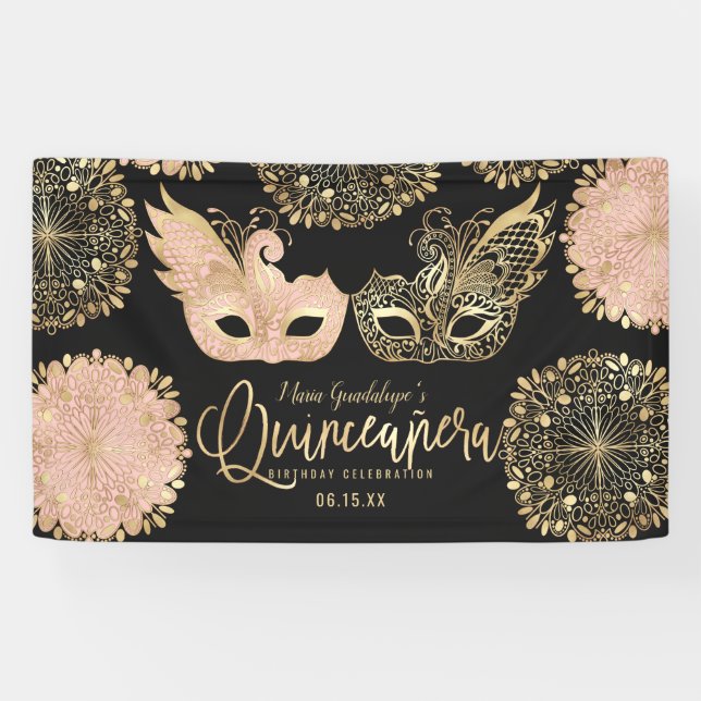 Banderoles Joli rose or noir Mascarade Masque Quinceañera (Horizontal)