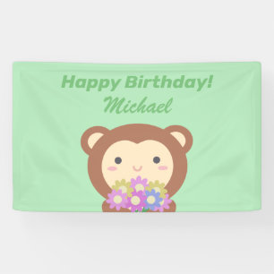 Banderoles Joli singe Kawaii et fleurs Joyeux Anniversaire