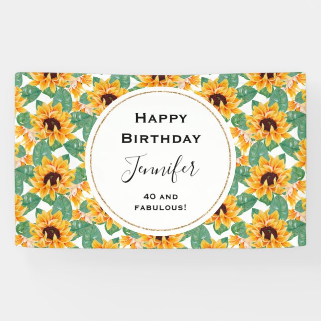 Banderoles Joli tournesol Jaune & Vert Motif Anniversaire (Horizontal)