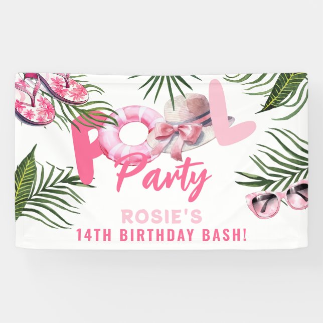 Banderoles Jolie Pink Pool Party Fille Anniversaire (Horizontal)