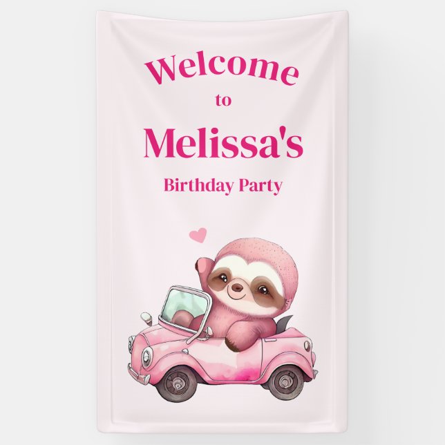Banderoles Jolie Pink Sloth Conduit une voiture Anniversaire  (Vertical)