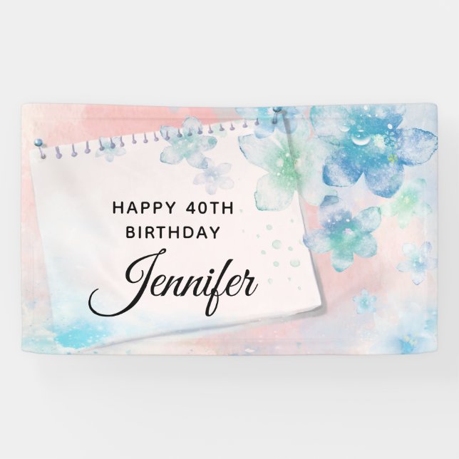 Banderoles Jolies fleurs bleues sur rose Arrière - plan Anniv (Horizontal)