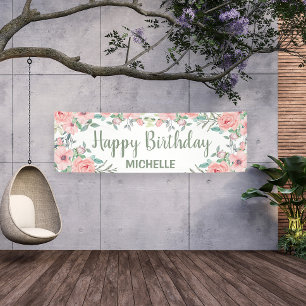 Banderoles Jolies fleurs rose tendre Bon Anniversaire