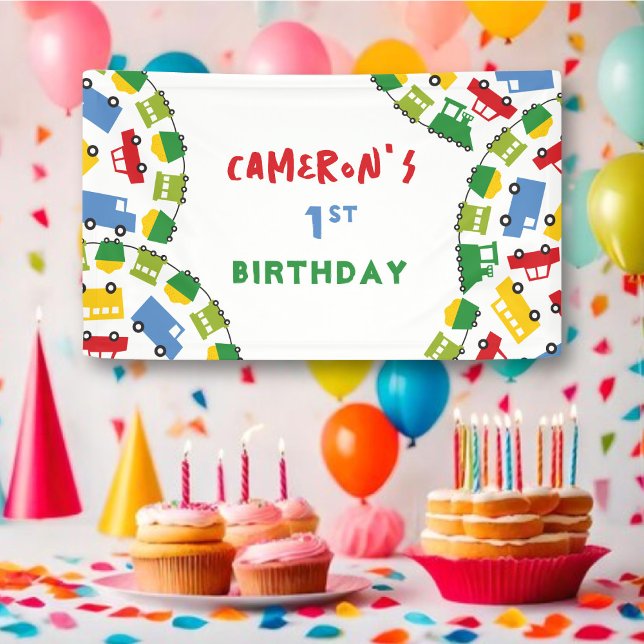 Banderoles Jouets de garçons Transport coloré Fête d'annivers (Boys Toys Colorful Fun Transport Kid's 1st Birthday Party Banner @ www.zazzle.com/fatfatin_mini_me)