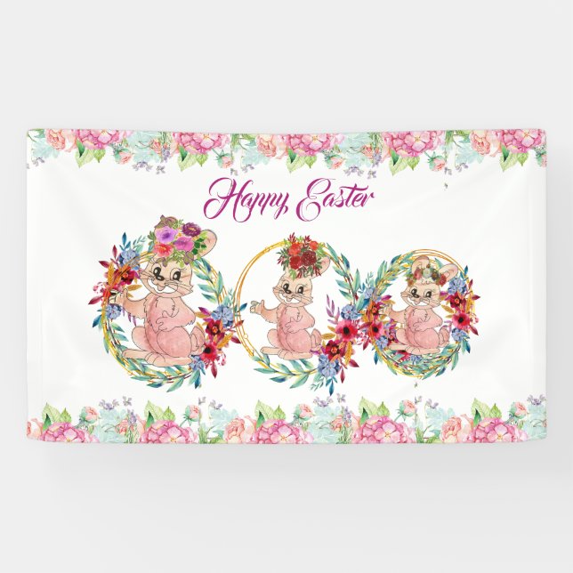 Banderoles Joyeuse Aquarelle de lapin de Pâques Fleur Wreath (Horizontal)