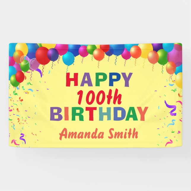 Banderoles Joyeux 100e anniversaire Ballons colorés Jaune (Horizontal)