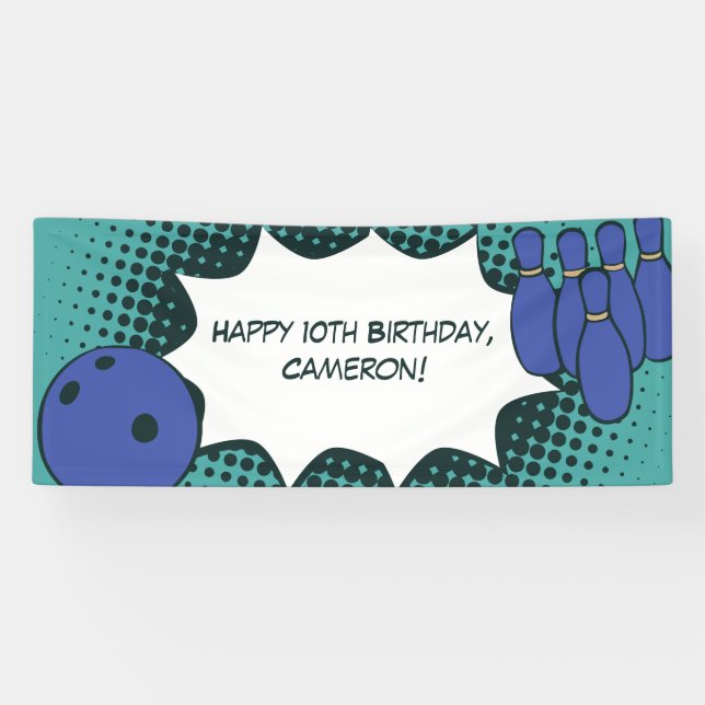 Banderoles Joyeux 10e Anniversaire Bowling Fête Bleu-vert (Horizontal)