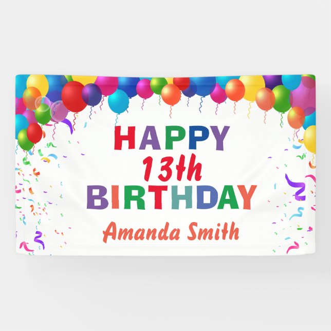 Banderoles Joyeux 13e anniversaire Ballons colorés Blanc (Horizontal)