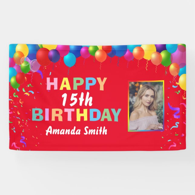 Banderoles Joyeux 15e anniversaire Ballons colorés Rouge (Horizontal)