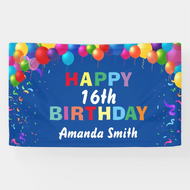 Banderoles Joyeux 16e anniversaire Ballons colorés Bleu (Horizontal)