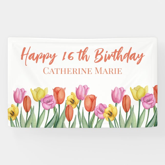 Banderoles Joyeux 16e anniversaire floral  (Horizontal)