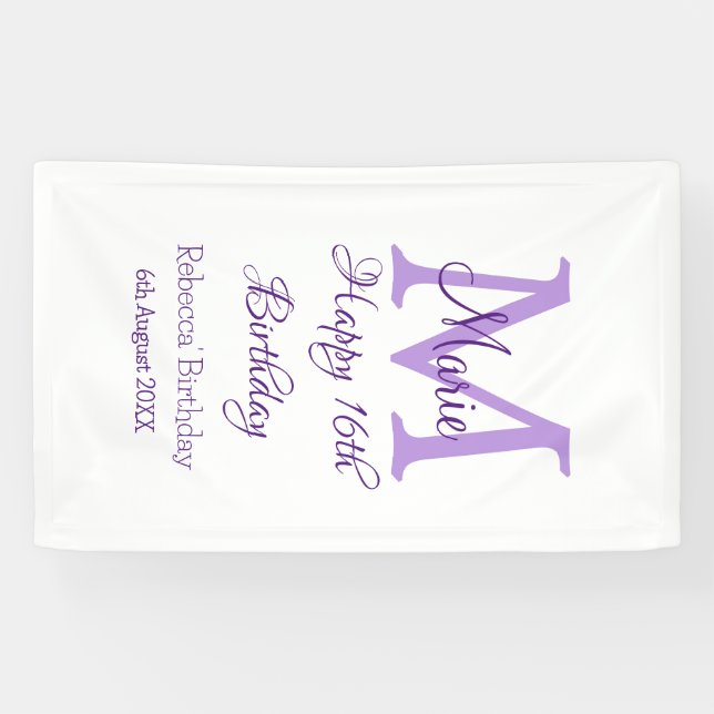Banderoles Joyeux 16e anniversaire violet ajouter nom monogra (Horizontal)