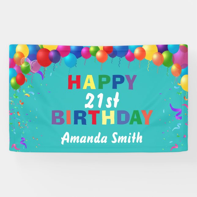Banderoles Joyeux 21e anniversaire Ballons colorés Turquoise (Horizontal)