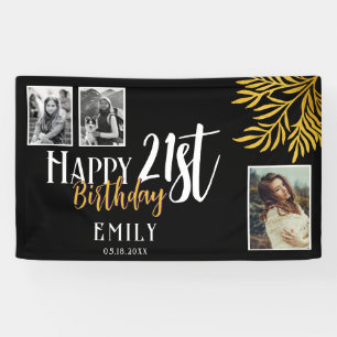 Banderoles Joyeux 21e Anniversaire Fond avec 3 Photos Feuilla