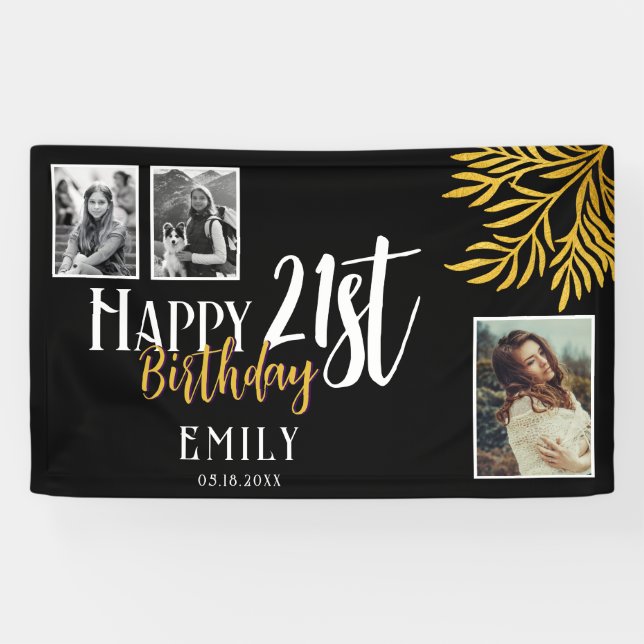 Banderoles Joyeux 21e anniversaire Gold Foliage 3 Fond photo (Horizontal)