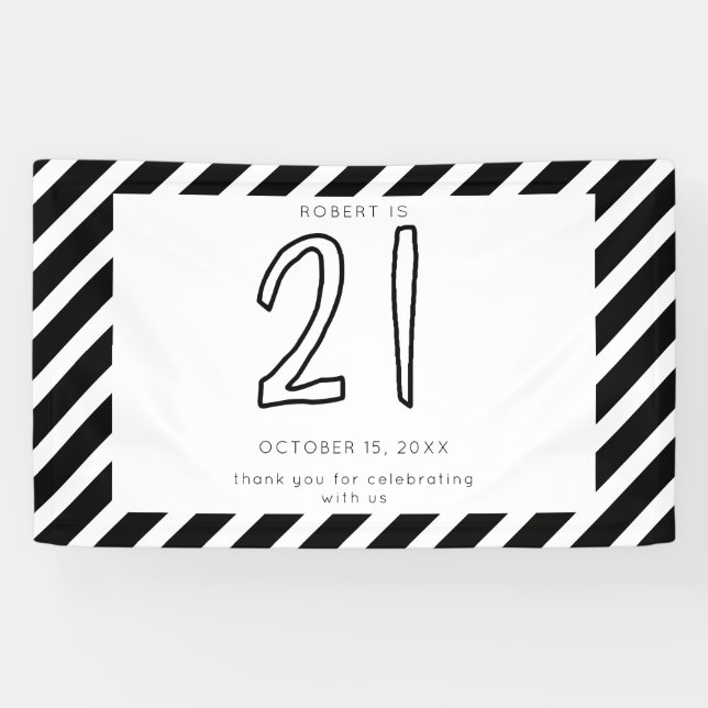 Banderoles Joyeux 21e anniversaire moderne Noir blanc simple (Horizontal)