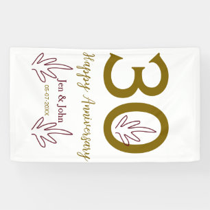 Banderoles Joyeux 30e anniversaire nom date feuille rouge dor