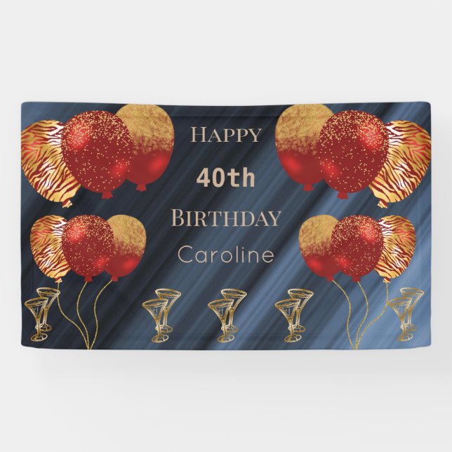 Banderoles Joyeux 40e Anniversaire avec Ballons Rouges Dorés  (Horizontal)