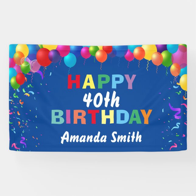 Banderoles Joyeux 40e anniversaire Ballons colorés Bleu (Horizontal)