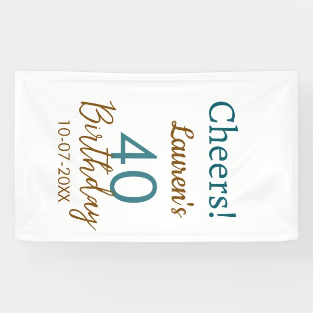Banderoles Joyeux 40e anniversaire nom date marron turquoise  (Horizontal)