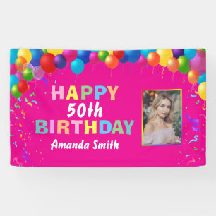Banderoles Joyeux 50e anniversaire ballons colorés rose chaud