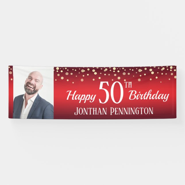 Banderoles Joyeux 50e anniversaire rouge avec Confetti One Ph (Horizontal)