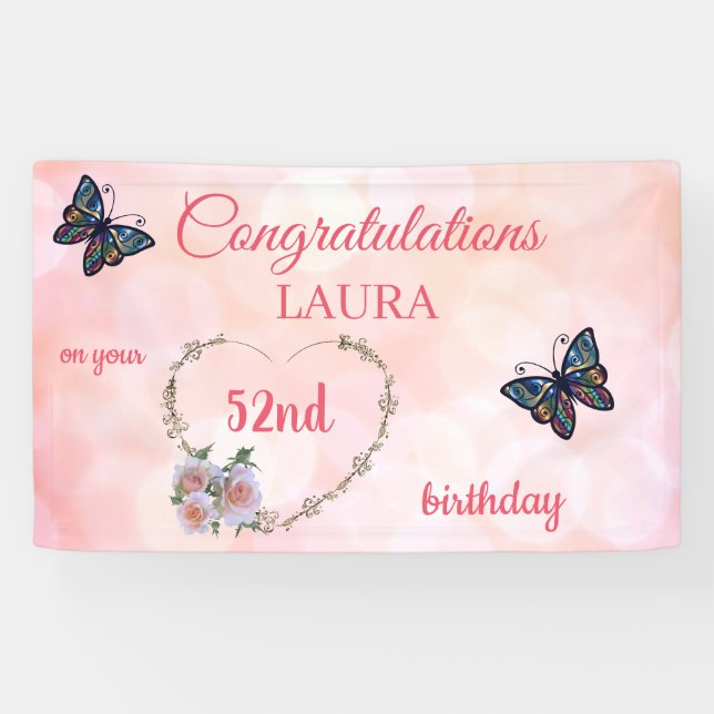 Banderoles Joyeux 52e anniversaire rose vif (Horizontal)