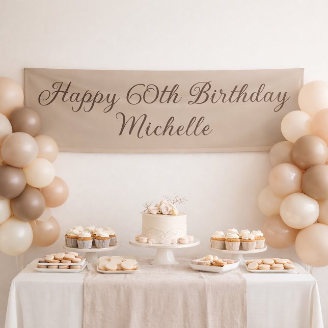 Banderoles Joyeux 60e Anniversaire Élégant Script Taupe Fête (Taupe 60th birthday party banner)